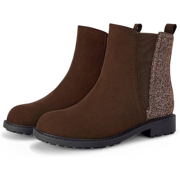 Girls Glitter Chocolate Ankle Boots Side Zipper Comfortable Chelsea Dress Boot - Picture 1 of 5